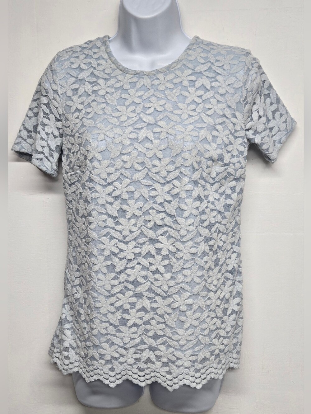 Teddi Rose S Light Blue Top Short Sleeve Lined With Lace Overlay